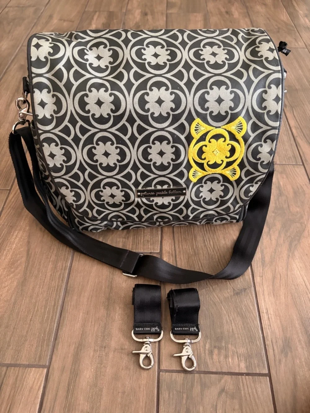 Petunia Pickle Bottom Black and Gray Messenger Bag with Yellow Detail